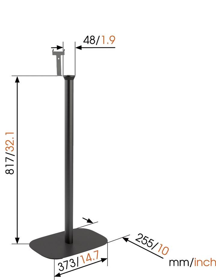 Czarny stojak z kwadratową podstawą: wysokość 817 mm (32,1 cala), szerokość 48 mm (1,9 cala), podstawa 373 mm (14,7 cala) x 255 mm (10 cali).