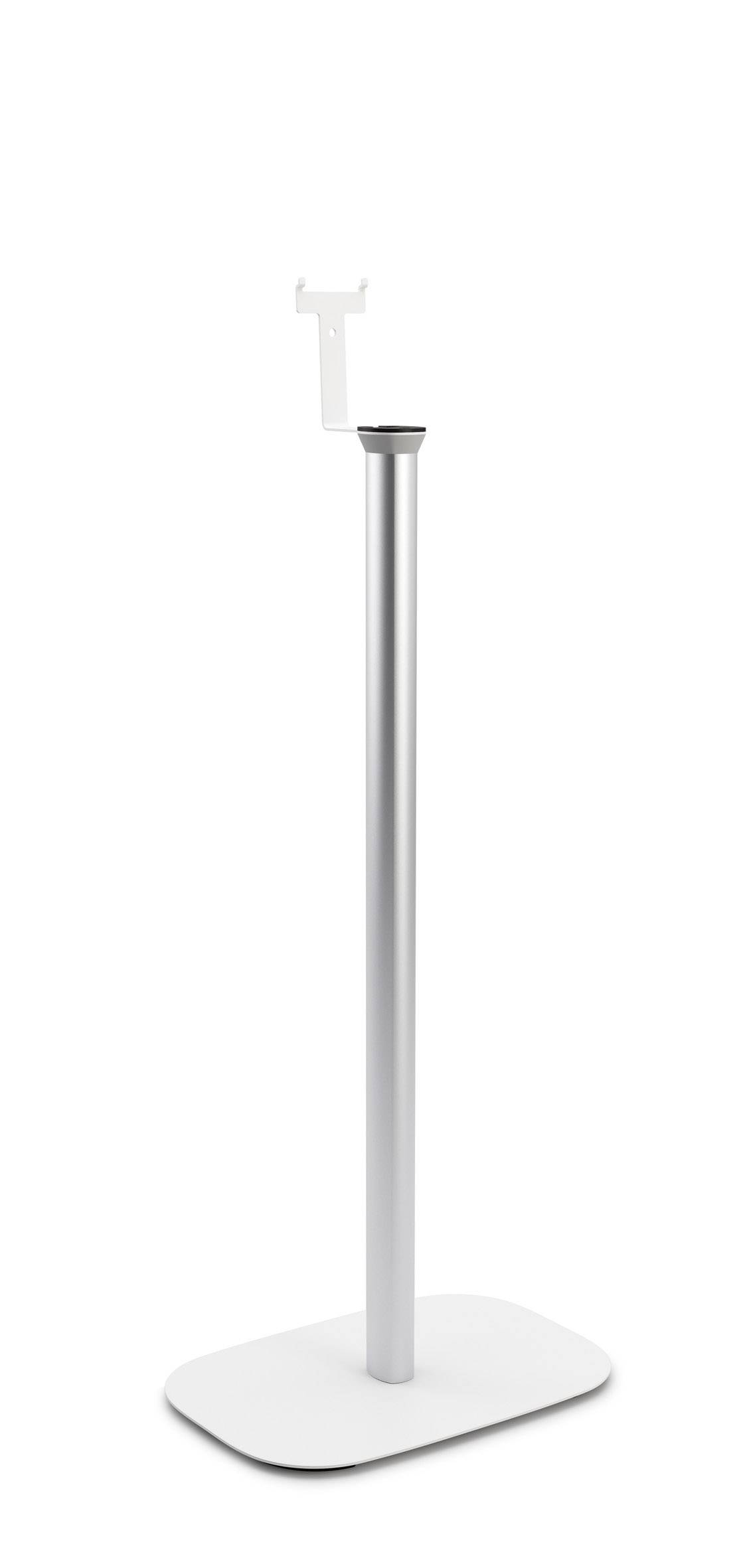 Srebrny stojak z prostokątną podstawą i górnym uchwytem, odpowiedni do zamocowania monitora lub urządzenia.