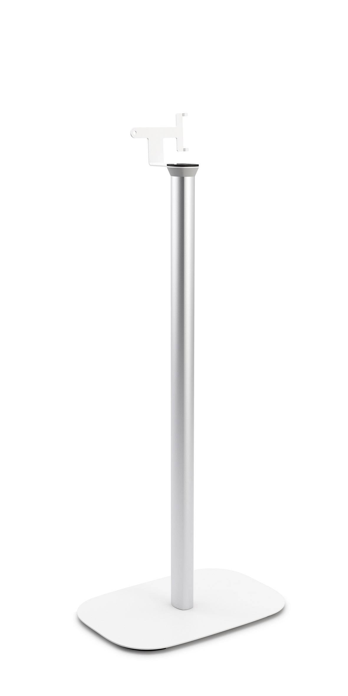 Metalowy stojak z białą podstawą i uchwytem górnym. Idealny do montażu urządzeń lub tablic informacyjnych.