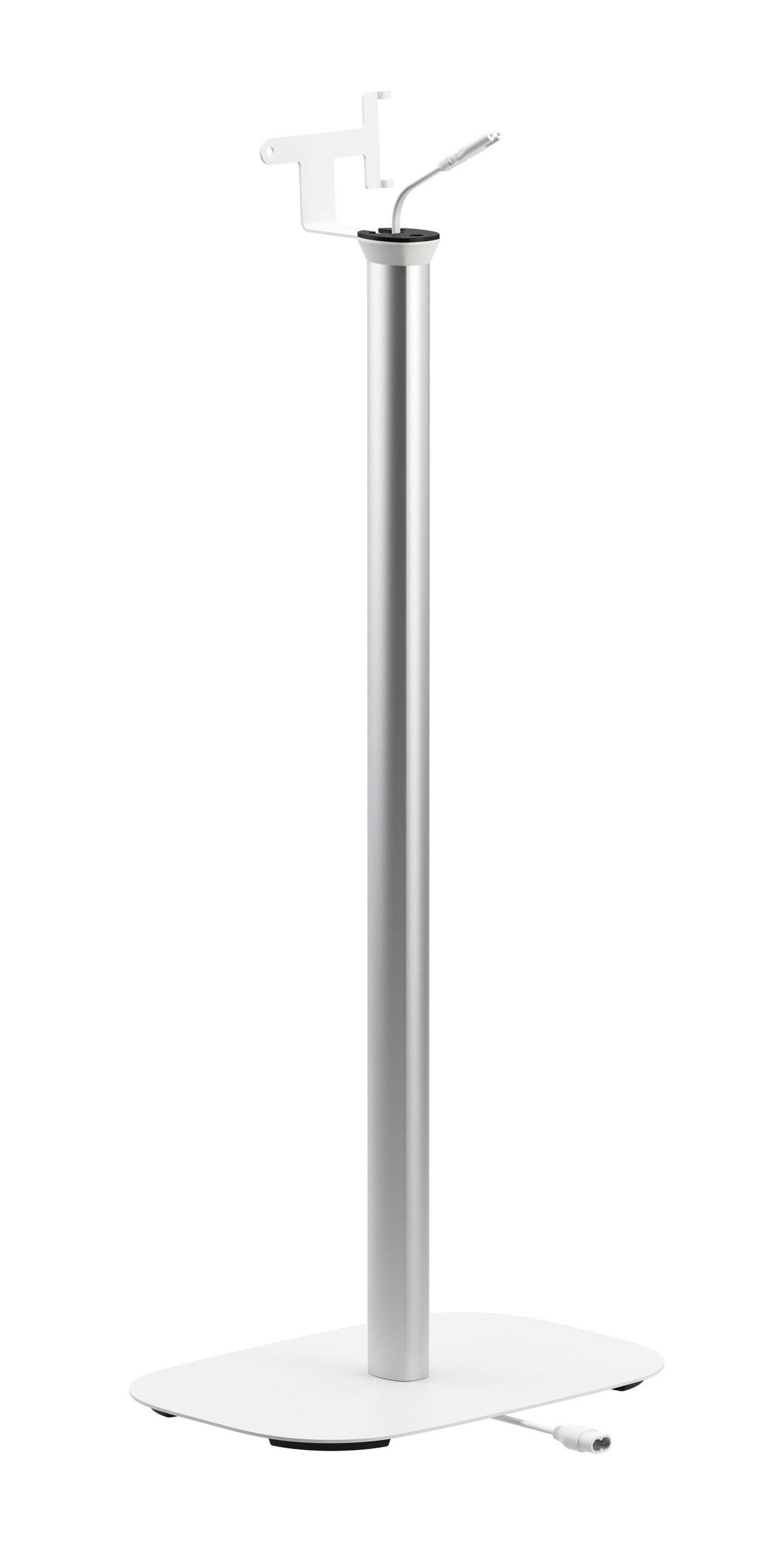 'Srebrny metalowy stojak z prostokątną, białą podstawą i uchwytem na górze.'