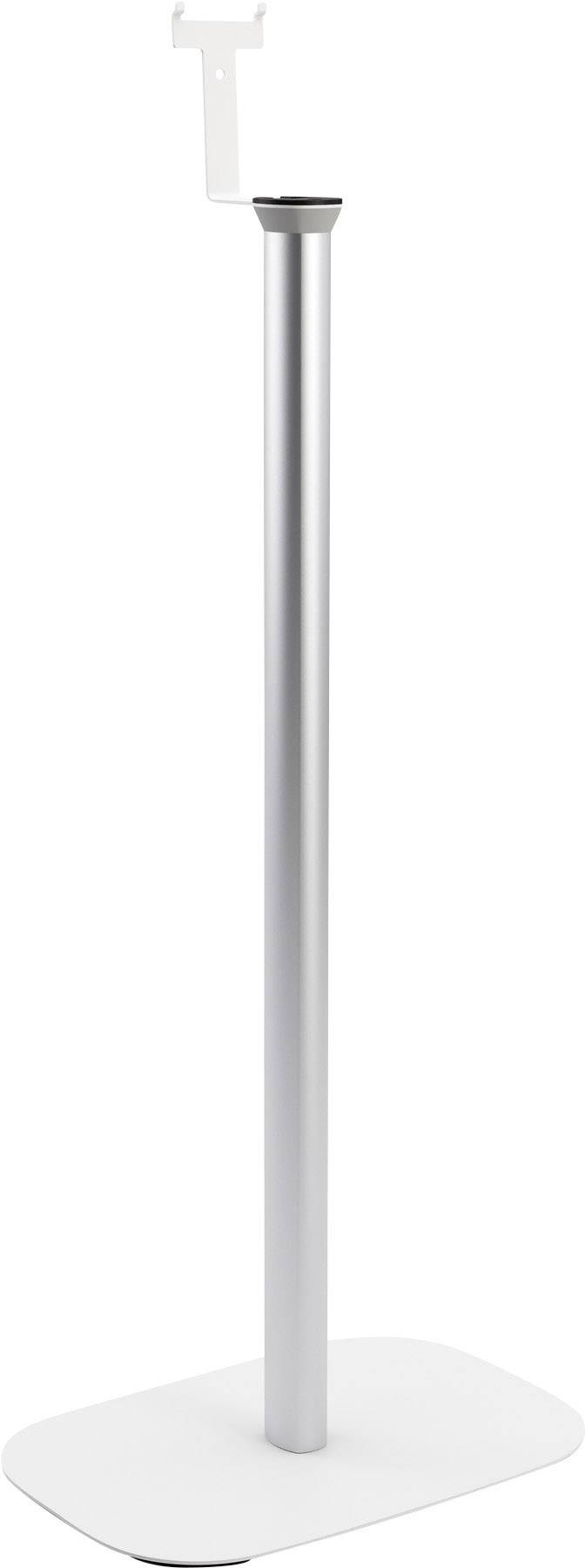 Srebrny metalowy stojak z kwadratową podstawą i białym elementem mocującym na górze, odpowiedni do zamocowania urządzenia technicznego.