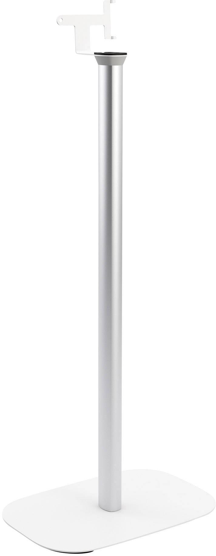 Wolnostojący srebrny stojak metalowy z kwadratową podstawą, odpowiedni do mocowania urządzeń.