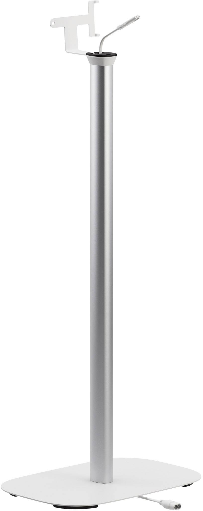 Srebrny, regulowany wysokościowo stojak z uchwytem na górnej powierzchni. Odpowiedni do mocowania urządzeń lub akcesoriów.