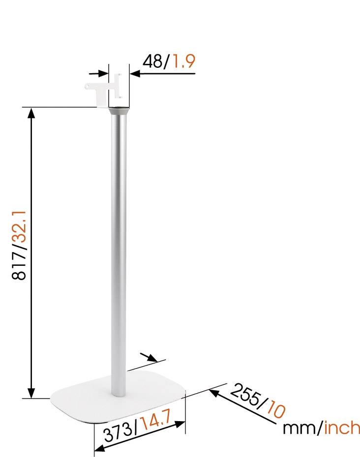 Schematyczny rysunek srebrnego stojaka z wymiarami w mm i calach. Wysokość: 817/32,1, Szerokość: 373/14,7, Głębokość: 255/10.