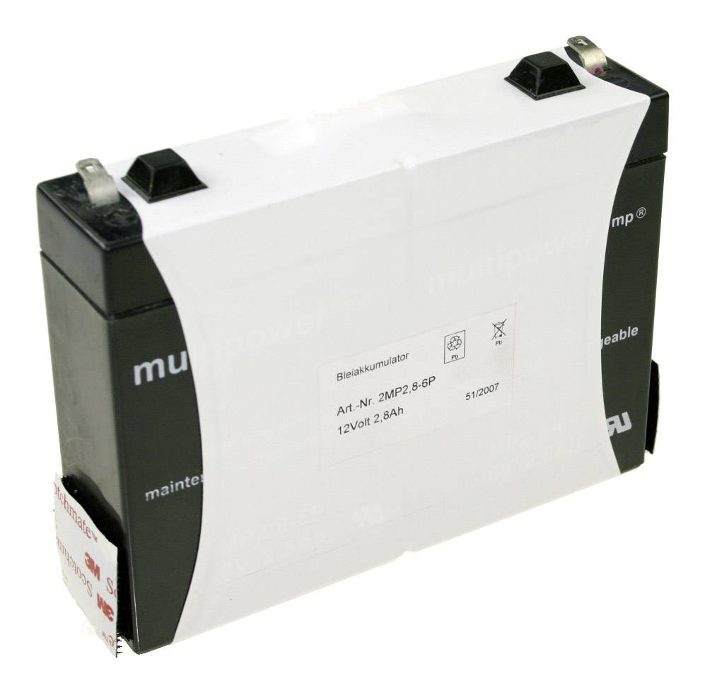 Akumulator ołowiowy 12V 2,8Ah, prostokątny, z dwoma zaciskami na górze. Etykieta zawiera napis 'multipower' oraz dane techniczne.