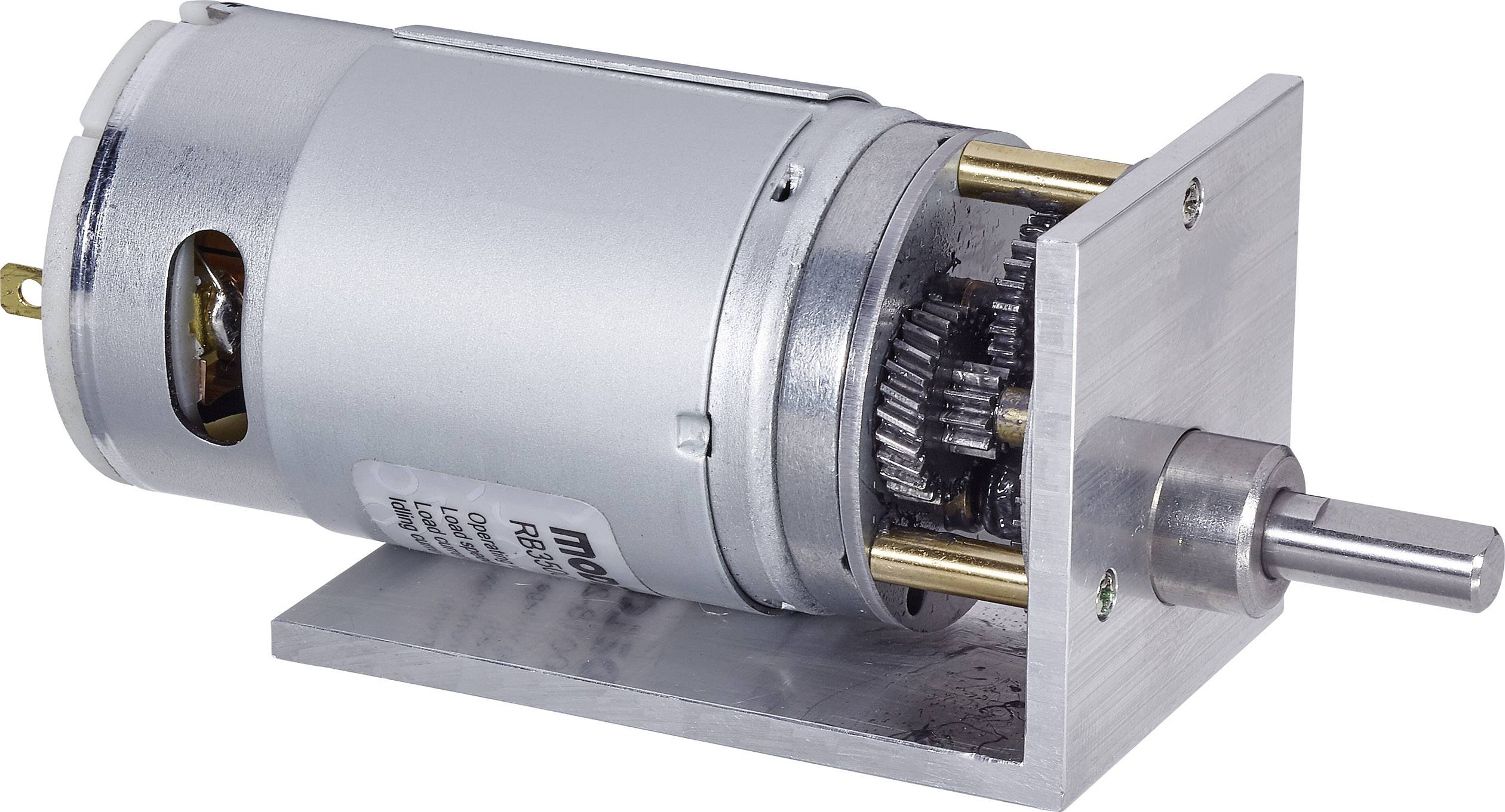 Srebrny silnik elektryczny z przekładnią zębatą, zamontowany na płycie metalowej.