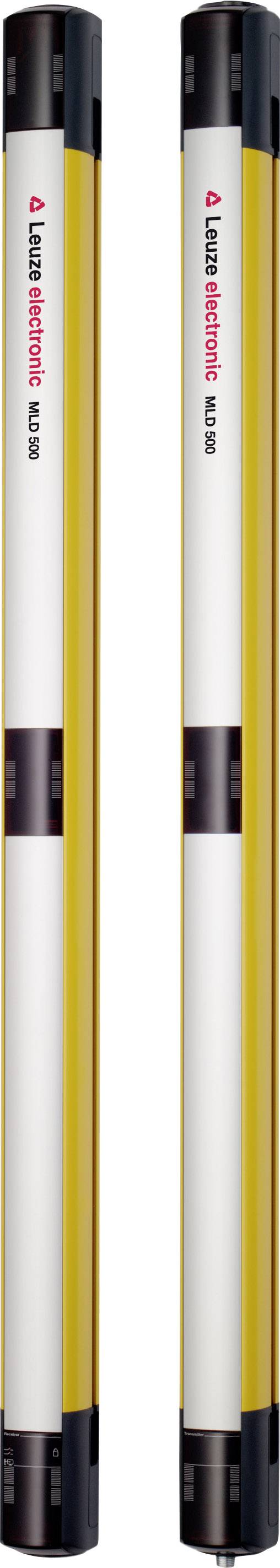 Dwa żółte pionowo ustawione świetlne kurtyny bezpieczeństwa z logo producenta. Chronią one strefy robocze przed zagrożeniami.