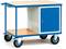 Niebieski wózek warsztatowy z czterema kołami, drewnianym blatem na górze, półką poniżej oraz zamykaną szafką po prawej stronie.