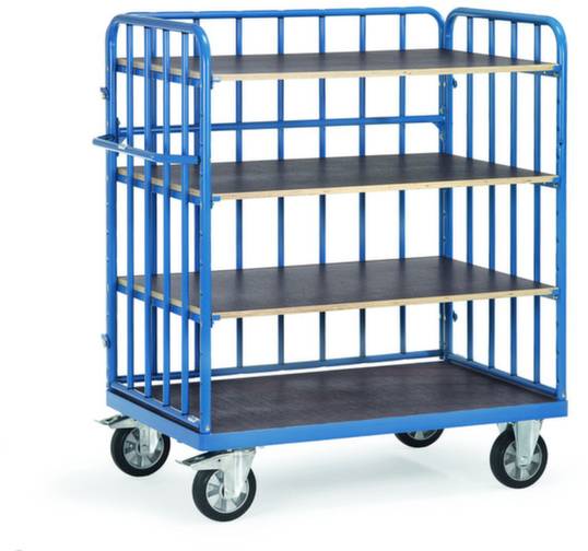 Niebieski wózek jezdny z czterema poziomami, każdy wykonany z drewnianych desek, osadzony na czterech kółkach. Odpowiedni do transportu lub przechowywania przedmiotów.