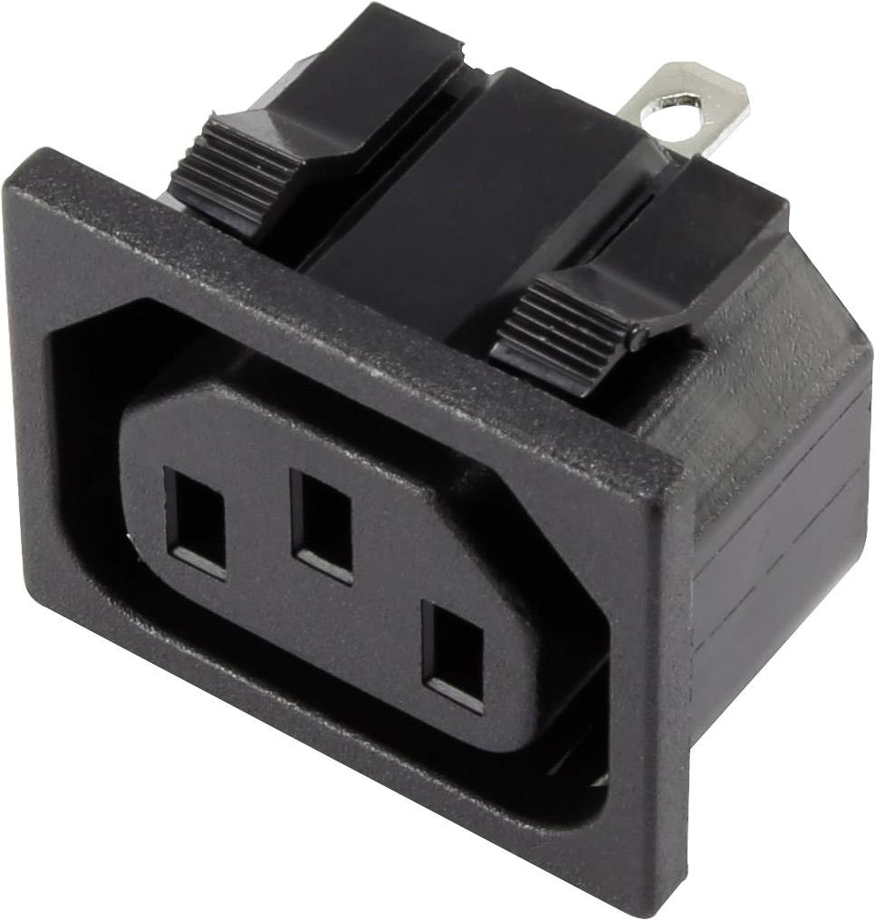 Czarny wtyk zimnych urządzeń o prostokątnej obudowie z trzema stykami, stosowany do zasilania urządzeń elektronicznych.