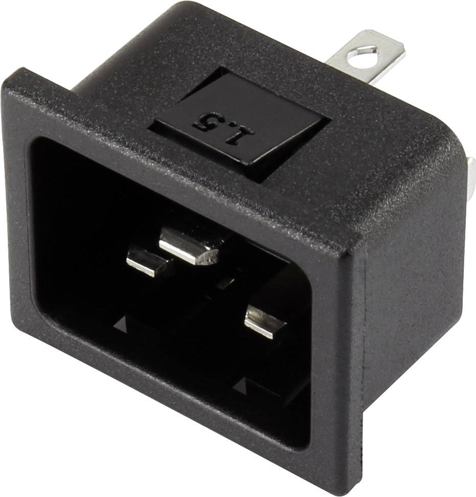 Czarny wtyk sieciowy IEC z bocznymi stykami, odpowiedni do zasilania w urządzeniach elektronicznych.