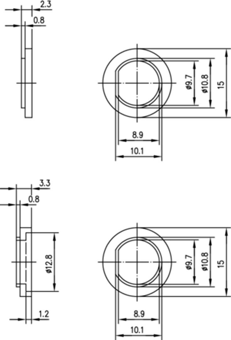 Rysunek techniczny dwóch cylindrycznych elementów z wymiarami w milimetrach. Oba obiekty mają średnicę 10,8 mm.