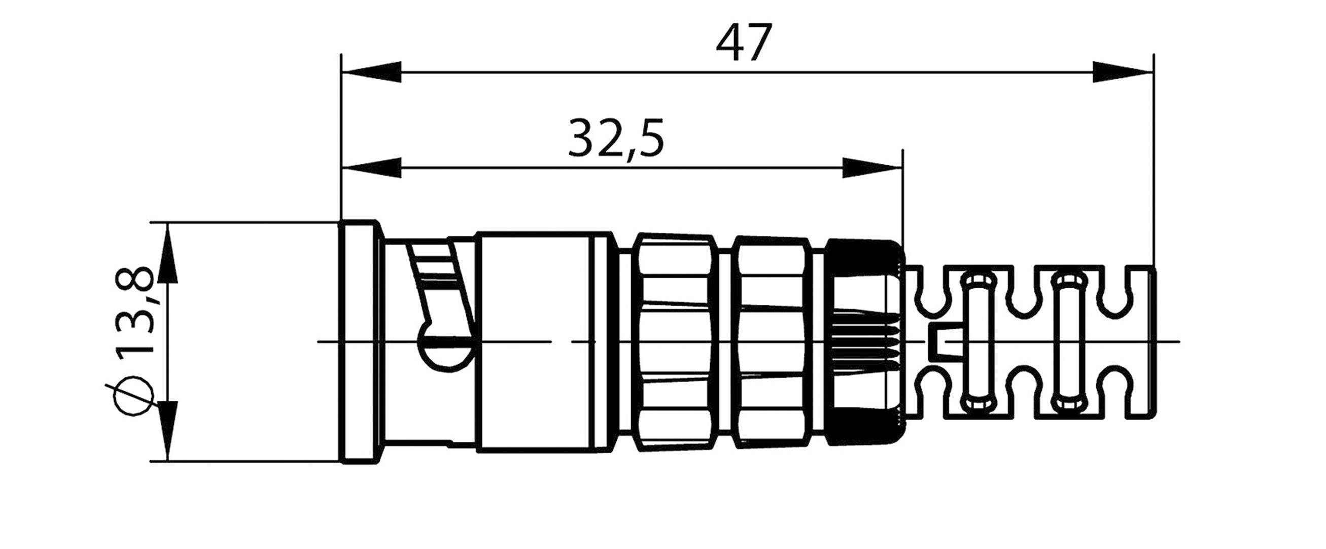 Rysunek techniczny cylindrycznego złącza wtykowego z wymiarami długości i średnicy. Liczby opisują wymiary: długość 47 mm, szerokość 32,5 mm, średnica 13,8 mm.