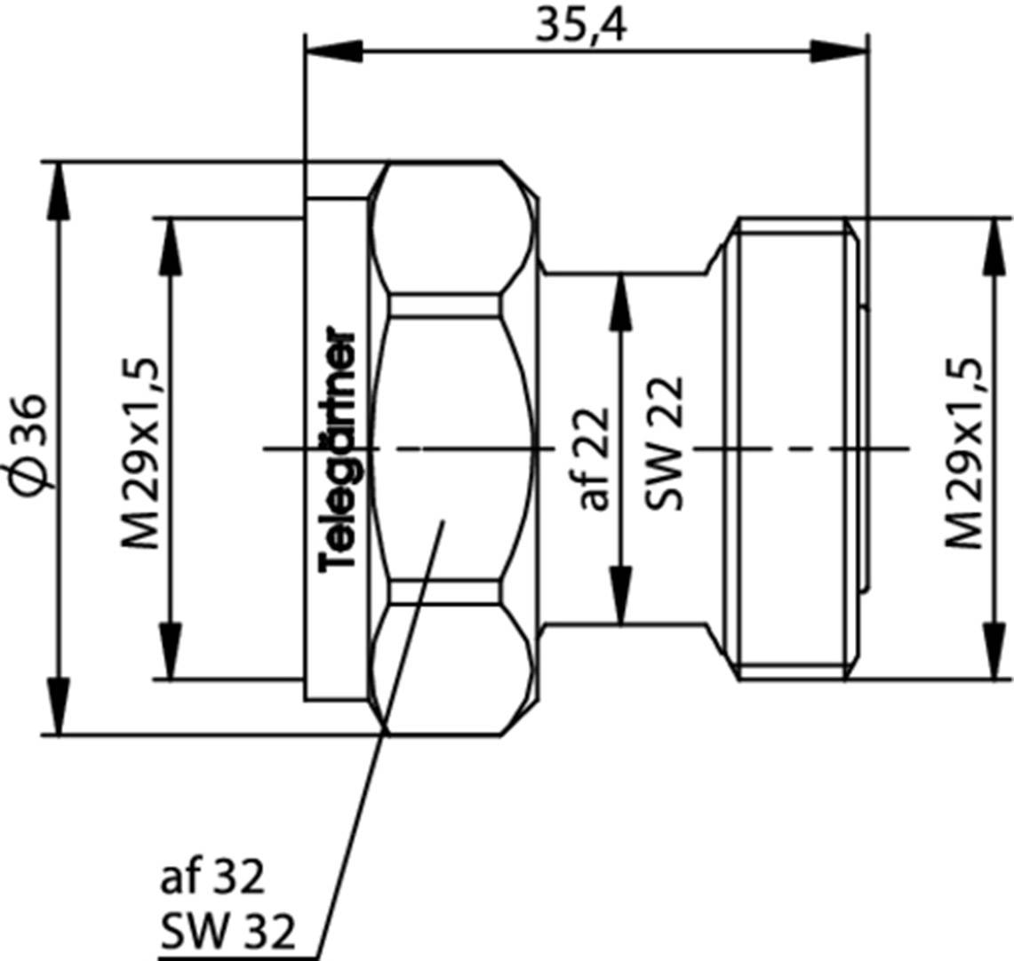 Rysunek techniczny adaptera z wymiarami: średnica zewnętrzna 36 mm, całkowita długość 35,4 mm, gwint M29x1,5.
