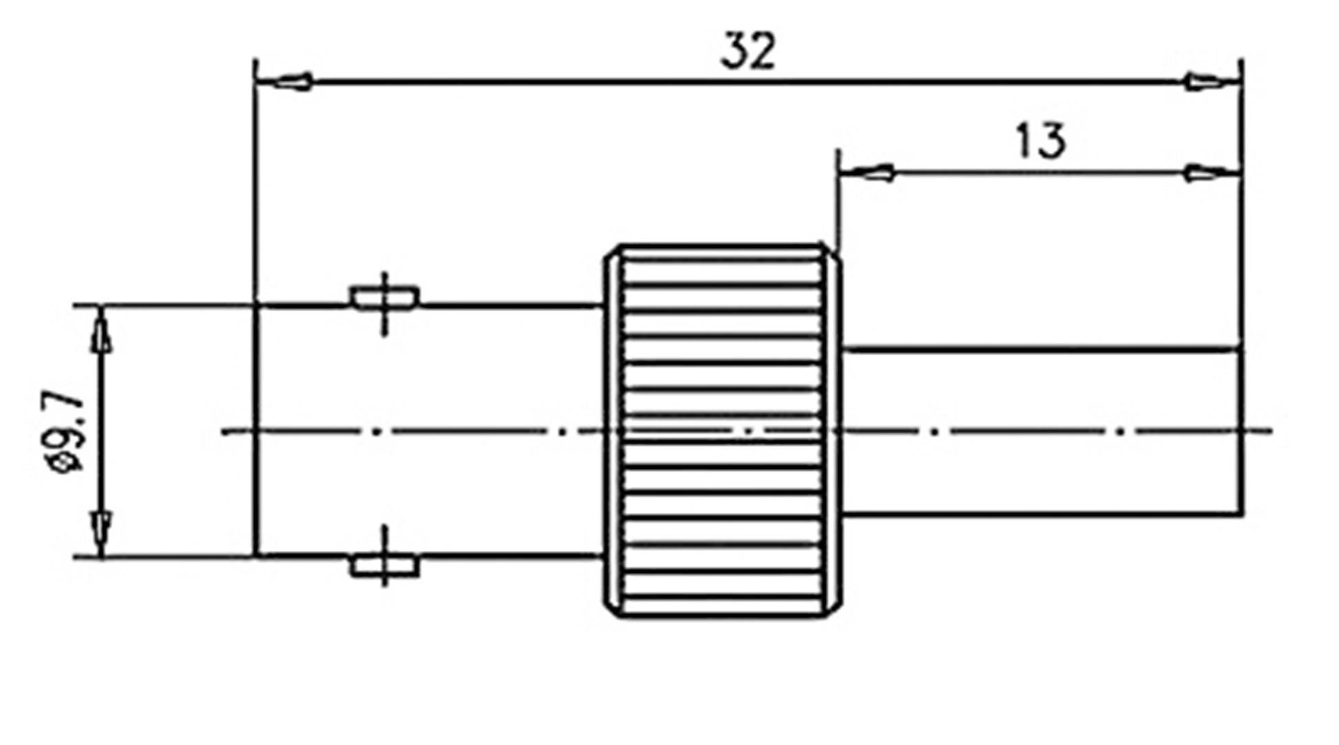 Rysunek techniczny części cylindrycznej z prążkowaną środkową sekcją. Wymiary: całkowita długość 32 mm, segment 13 mm, średnica 9,7 mm.