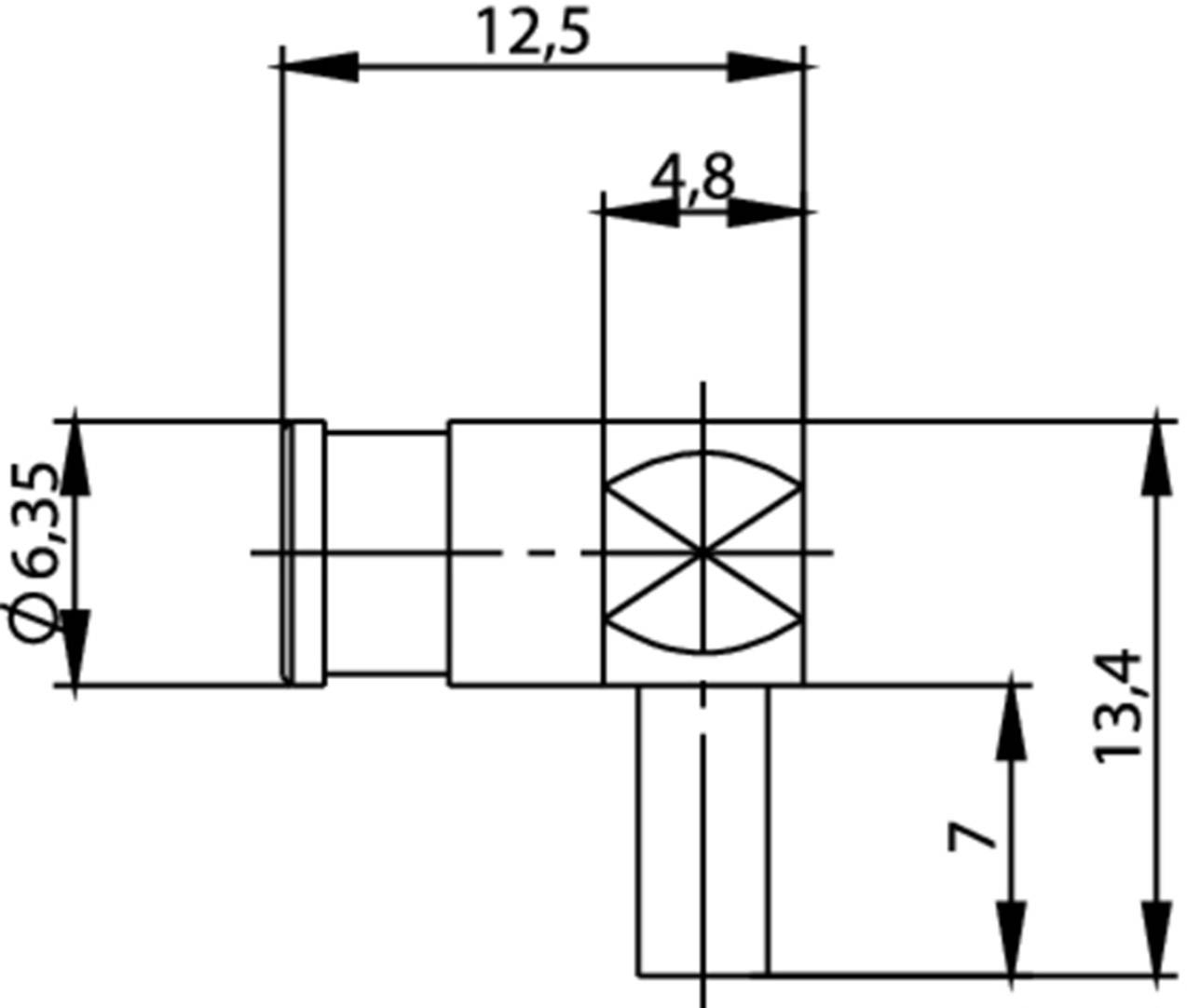 Rysunek techniczny elementu metalowego z wymiarami: długość 12,5 mm, szerokość 4,8 mm, średnica 6,35 mm, wysokość 13,4 mm.