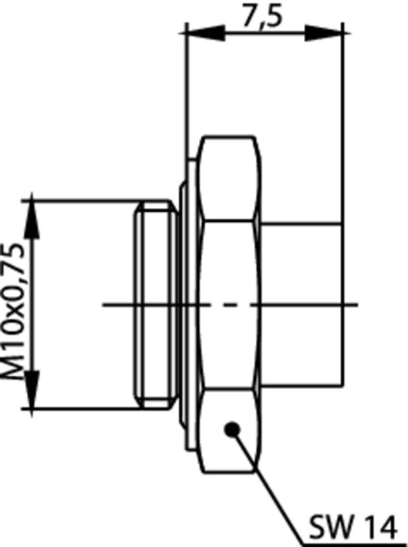 Rysunek techniczny śruby, widok z boku. Wymiary: M10x0,75, długość 7,5 mm, szerokość klucza SW 14.