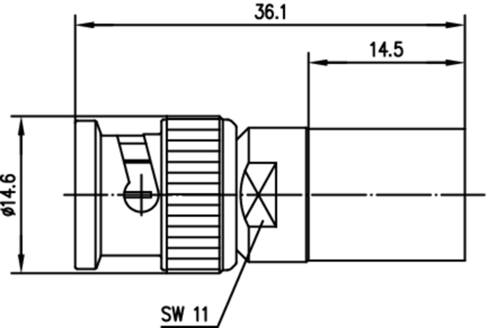 Rysunek techniczny złącza przewodu z wymiarami: długość całkowita 36,1 mm, szerokość 14,5 mm, średnica 14,6 mm, rozstaw klucza 11 mm.