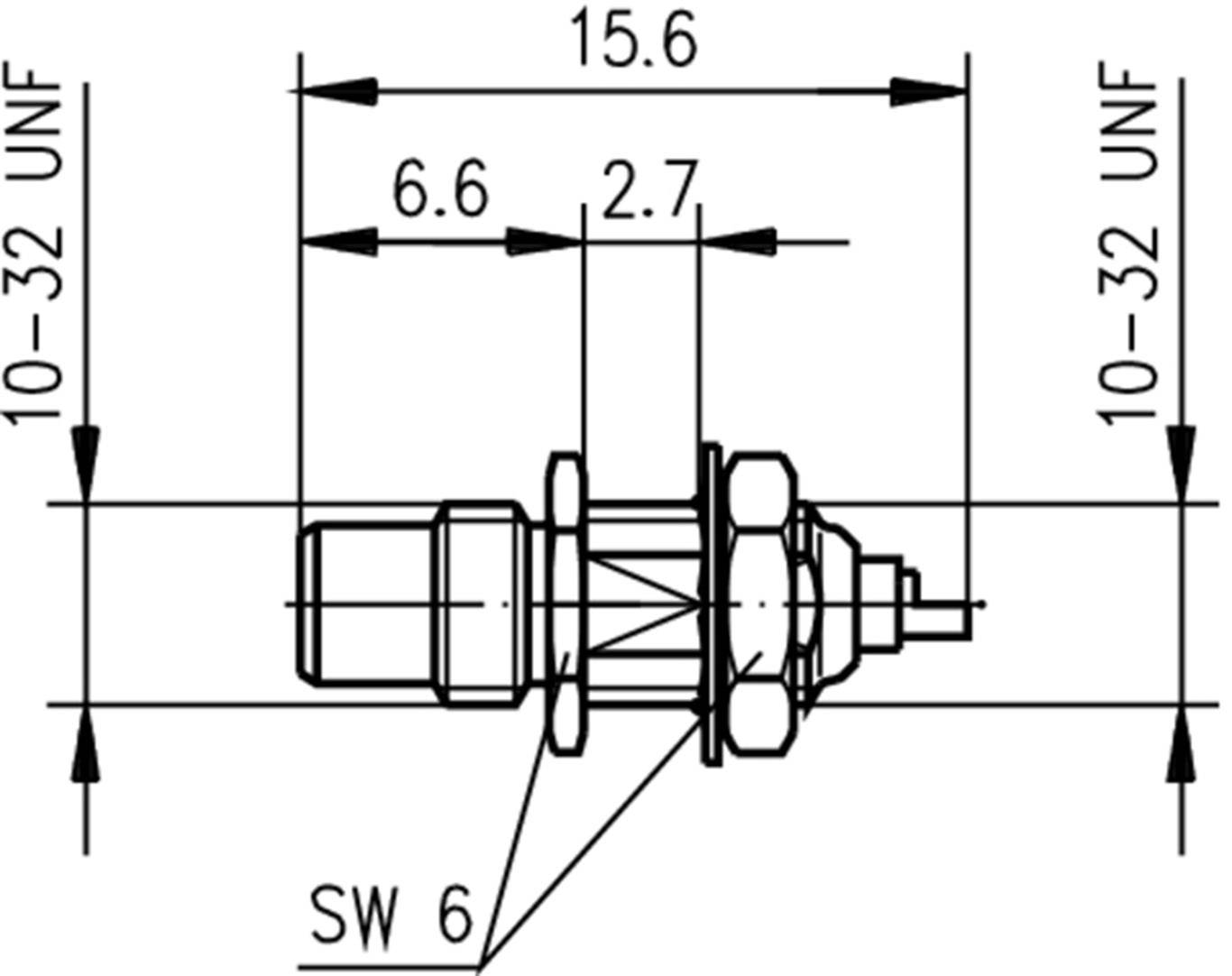 Rysunek techniczny elementu cylindrycznego o następujących wymiarach: długość 15,6 mm, średnica 6,6 mm na jednym końcu, 2,7 mm na drugim końcu. Posiada gwint 10-32 UNF i szerokość klucza 6 mm.