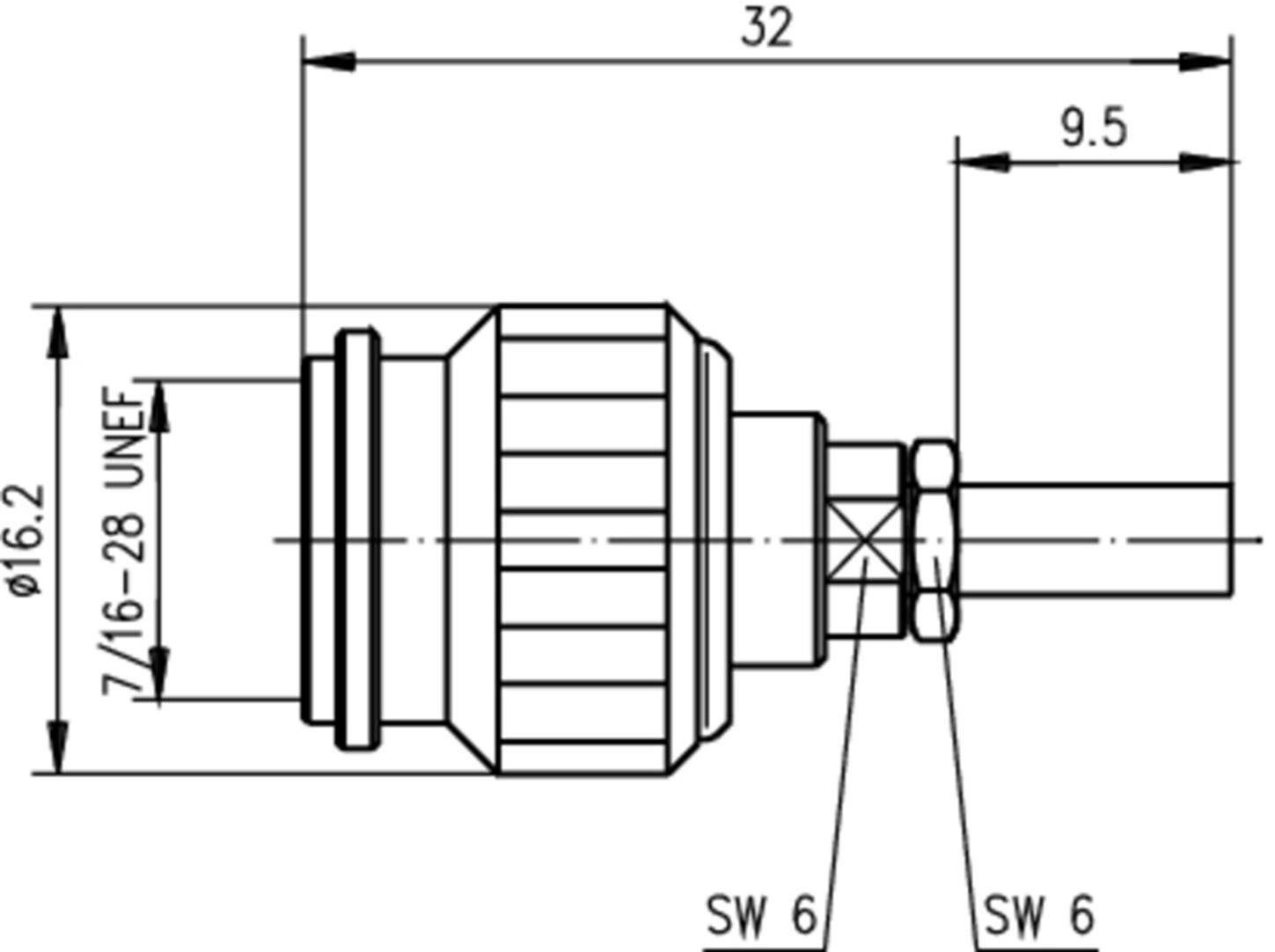 Rysunek techniczny elementu cylindrycznego z wymiarami: ø16,2 i 9,5 mm. Oznaczenia: 7/16-28 UNEF, klucz 6, długość 32 mm.