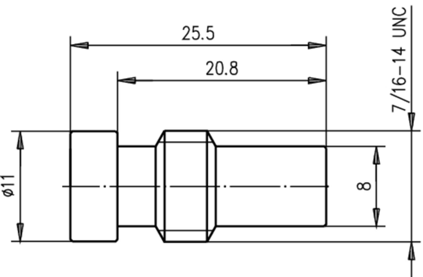 Rysunek techniczny cylindrycznego elementu metalowego z wymiarami: całkowita długość 25,5 mm, średnica 11 mm, gwint 7/16-14 UNC.