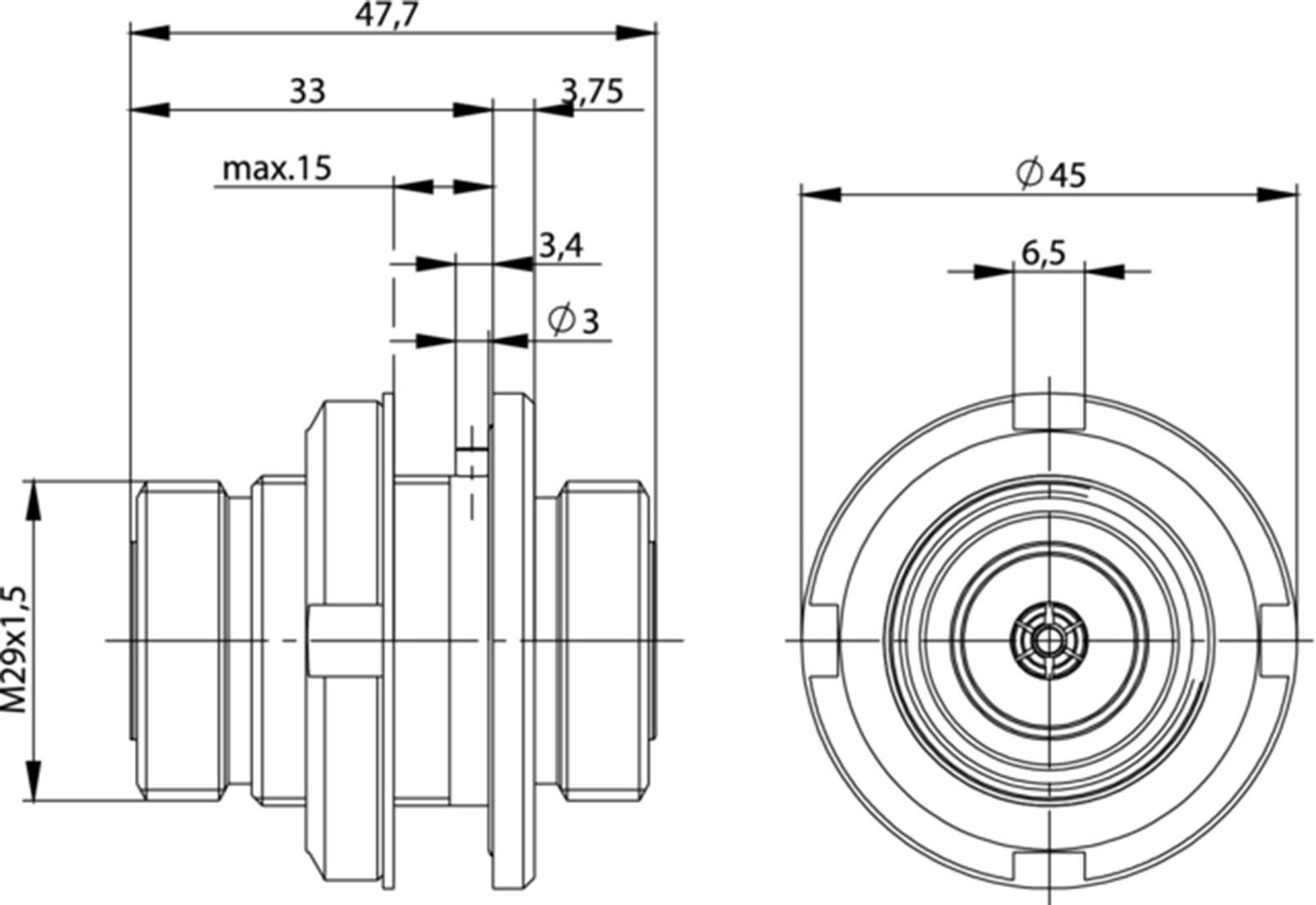 Rysunek techniczny elementu cylindrycznego z wymiarami. Po lewej: długość 47,7 mm, gwint M29x1,5. Po prawej: średnica 45 mm, otwór 6,5 mm.