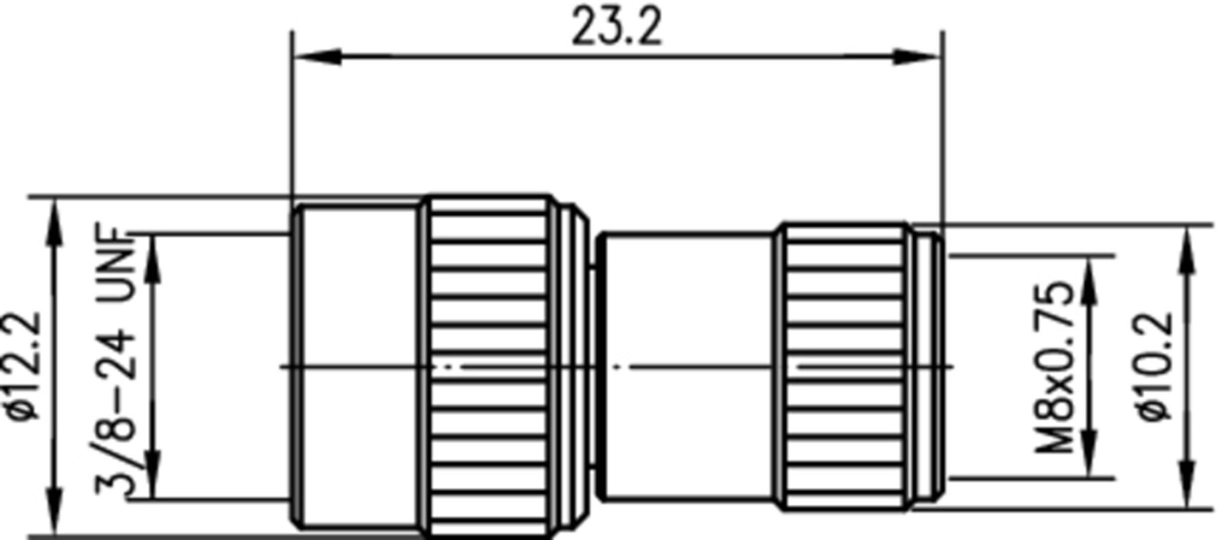 Rysunek techniczny adaptera z wymiarami: długość 23,2 mm, średnica 12,2 mm do 10,2 mm. Gwint 3/8-24 UNF i M8x0,75.