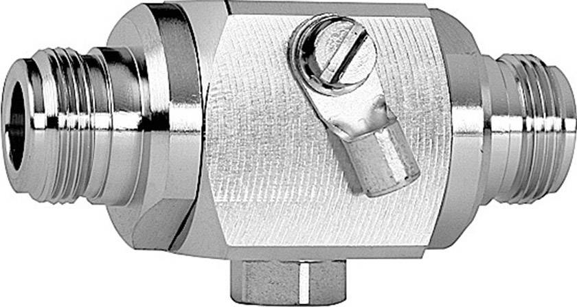 Metalowy regulator ciśnienia z gwintem na obu końcach i śrubą na górze. Stosowany do kontroli ciśnienia w przewodach.