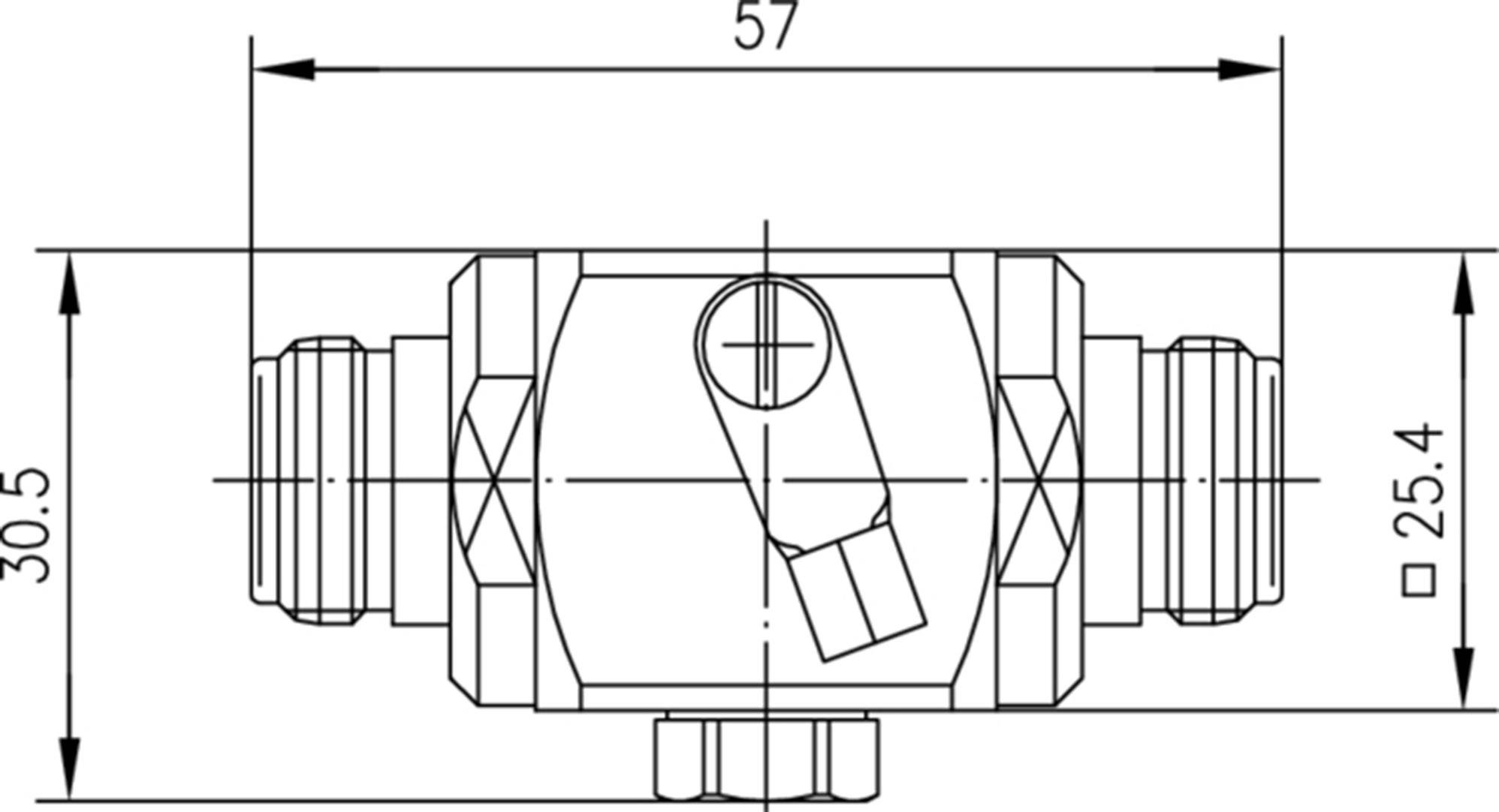 Rysunek techniczny zaworu z wymiarami: szerokość 57 mm, wysokość 30,5 mm, średnica 25,4 mm. Przedstawia podłączenia i położenie dźwigni.