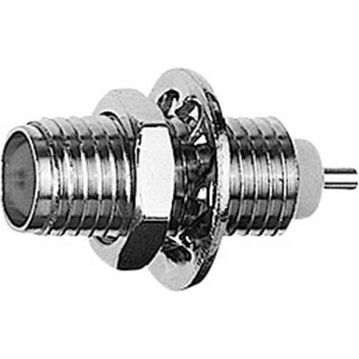 Metalowy adapter F wtyk z sześciokątną nakrętką mocującą i rowkami po obu stronach, odpowiedni do połączeń kabli koncentrycznych.
