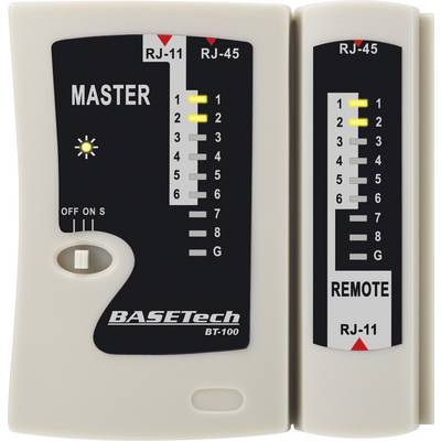 Zestaw testerów sieci z jednostką główną i zdalną, diody LED wskazujące podłączenia kabli, przełącznik włączania/wyłączania, model: BASETech BT-100.