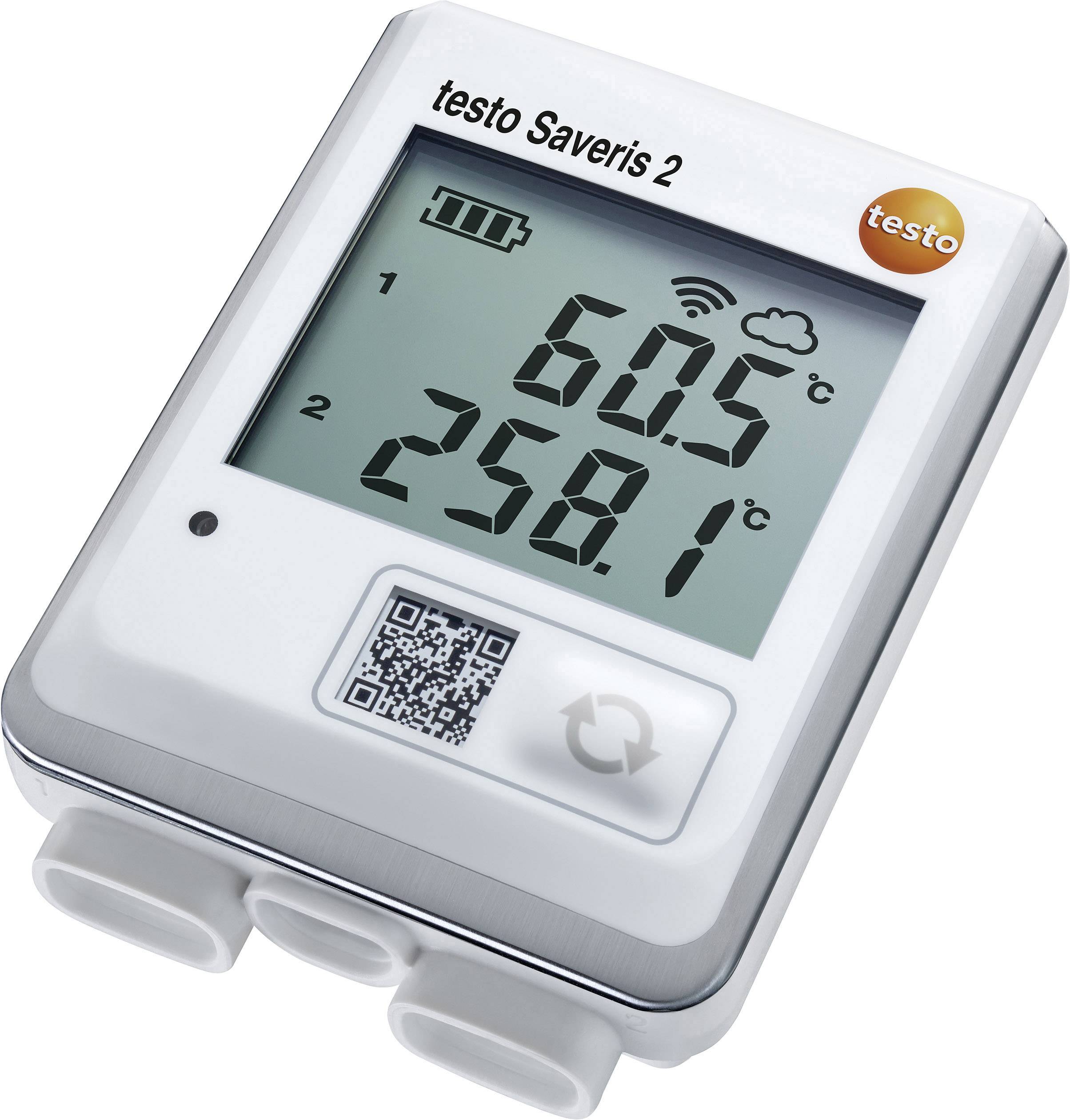 Cyfrowy termometr z podwójnym wyświetlaczem temperatury: 60,5°C i 25,8°C. Widoczny wskaźnik stanu baterii oraz kod QR.
