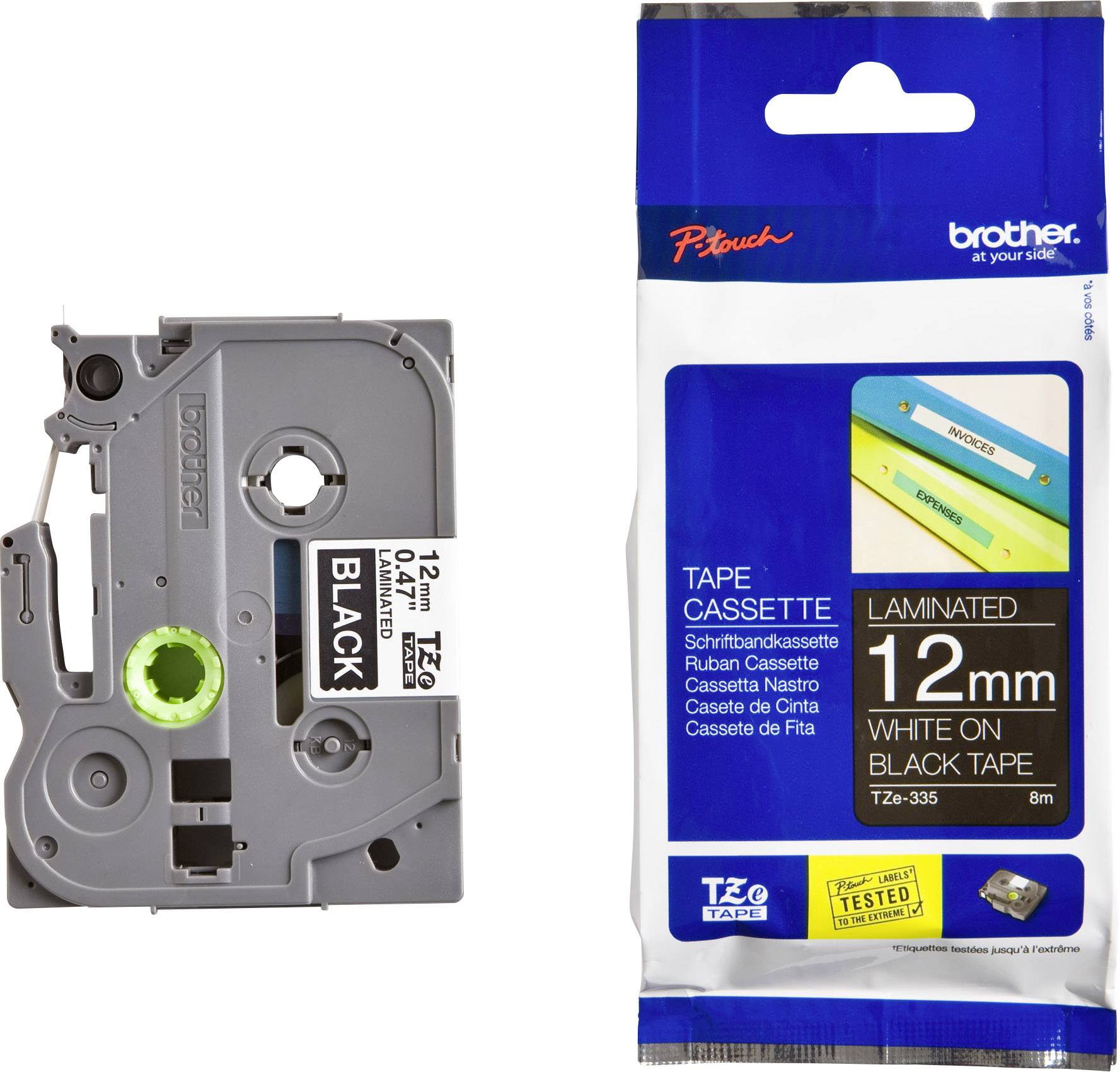 Стрічка для друку Brother TZE335, 12 мм х 8 м, Колір стрічки: чорний / Колір друку: білий