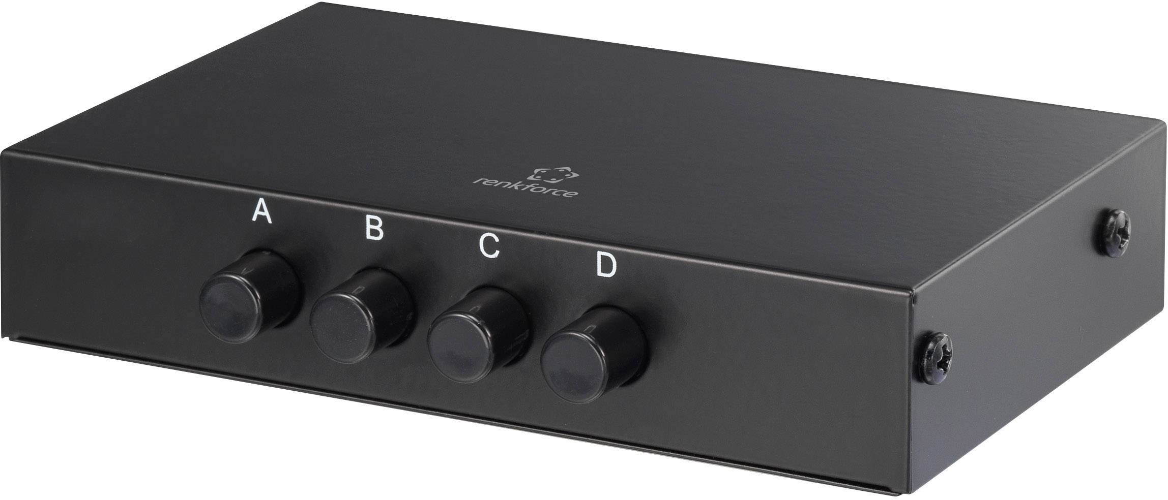 Czarna skrzynka lakierowana z czterema czarnymi pokrętłami, oznaczonymi literami 'A', 'B', 'C', 'D'. Służy do sterowania wejściami sygnałowymi.