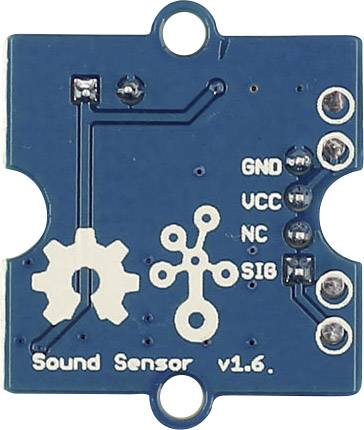 Niebieska płytka czujnika dźwięku z złączami GND, VCC, NC, SIG. Oznaczenie modelu: 'Sound Sensor v1.6'.