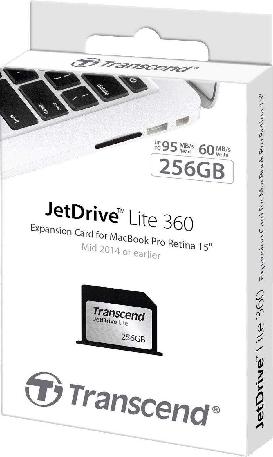 Karta pamięci Transcend JetDrive Lite 360 do MacBook Pro Retina 15 cali, 256 GB, o prędkościach do 95 MB/s odczytu, 60 MB/s zapisu.