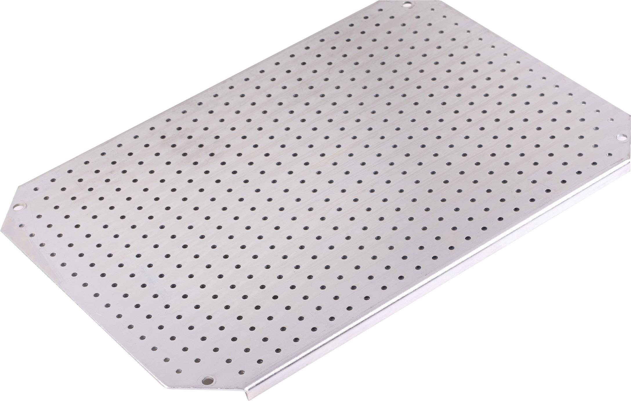 Metalowa płyta z licznymi małymi otworami rozmieszczonymi równomiernie.