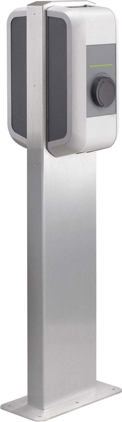 Elektryczna stacja ładowania o nowoczesnym, metalowym designie, przeznaczona do ładowania pojazdów elektrycznych.