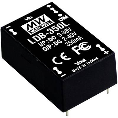 Czarny moduł elektroniczny z napisem 'LDB-350L', napięcie wejściowe 9-36V, napięcie wyjściowe 2-40V, 350mA, certyfikowany.
