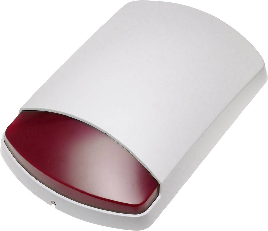 Białe, prostokątne urządzenie z czerwoną, wypukłą powierzchnią w górnej połowie, prawdopodobnie system alarmowy.