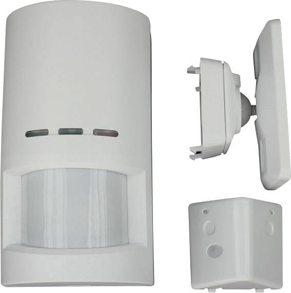Biały czujnik ruchu z demontowanym uchwytem ściennym i zestawem montażowym składającym się z trzech części.