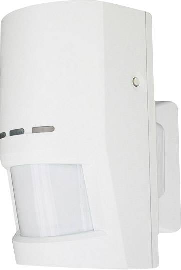 Czujnik ruchu z białego tworzywa sztucznego do montażu ściennego. Posiada sensory do wykrywania ruchu w pomieszczeniu.
