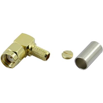 Metalowy wtyk kątowy ze złączem w kolorze złotym oraz umieszczony obok cylindryczny element metalowy, prawdopodobnie służący do połączeń kablowych.