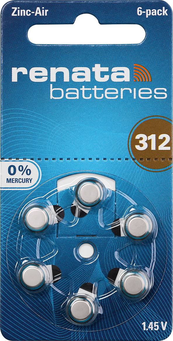 Батарейки-ґудзики ZA 312 Renata для слухових апаратів PR41 1,4 В, 6 шт., 165 мАг, цинк-повітряні