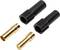 Dwie czarne plastikowe tuleje i dwa złote złącza, które do siebie pasują. Elektroniczne elementy połączeniowe.