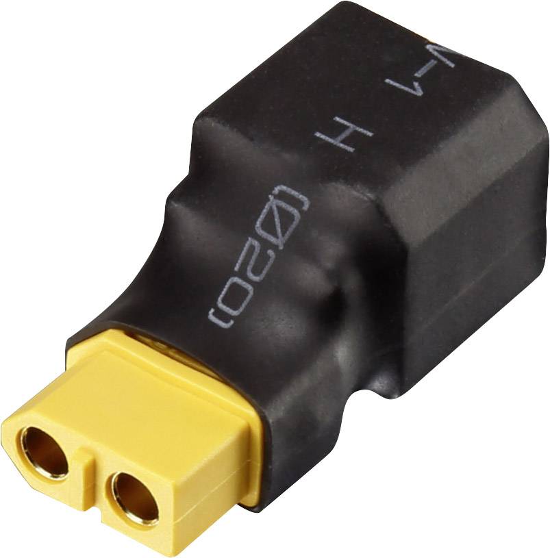 Czarny adapter z żółtym złączem do urządzeń elektronicznych, prawdopodobnie służący do połączenia między różnymi typami wtyczek.