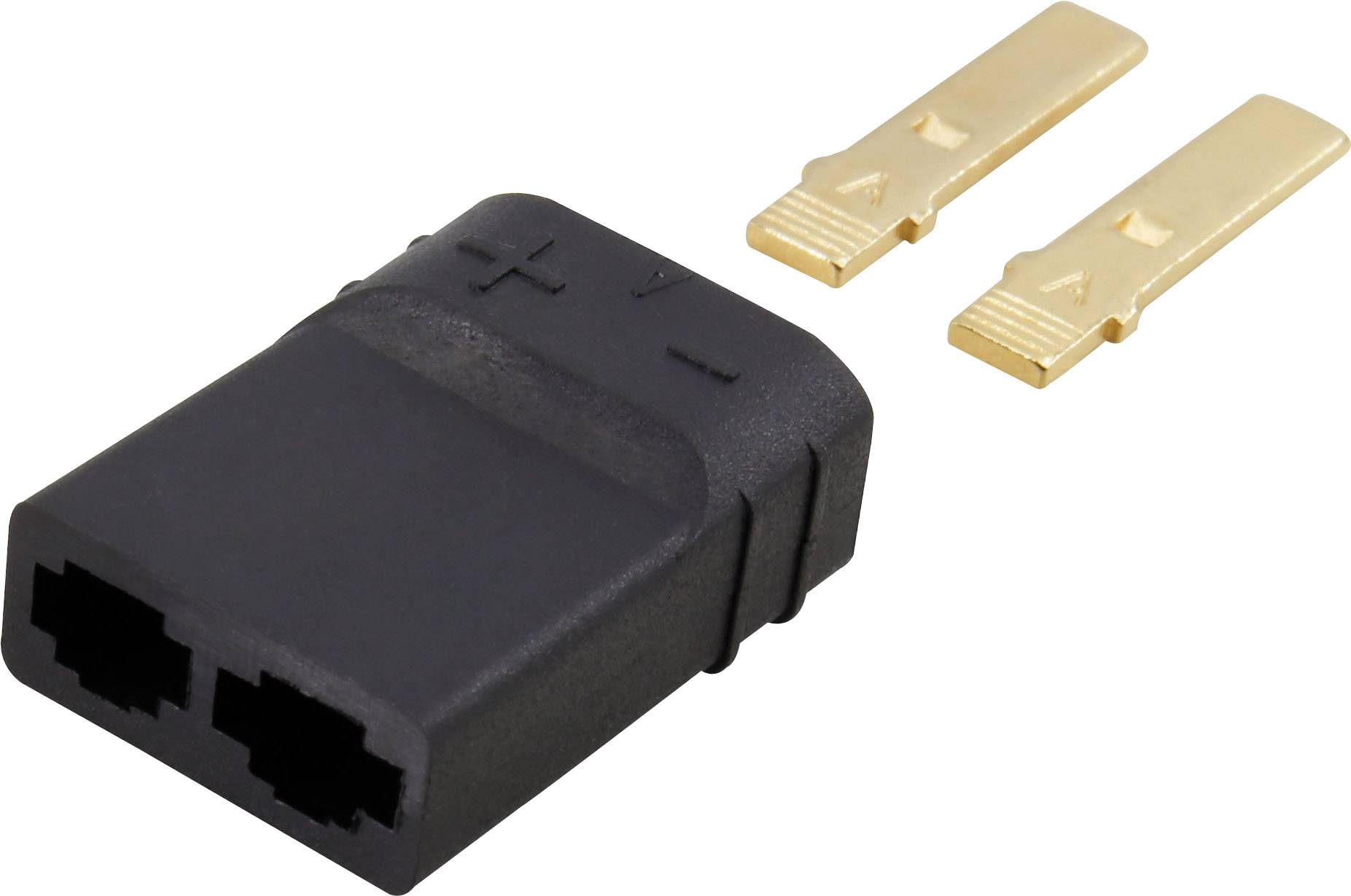 'Czarny adapter z dwoma gniazdami i dwoma złotymi stykami metalowymi obok; odpowiedni do połączeń elektrycznych.'