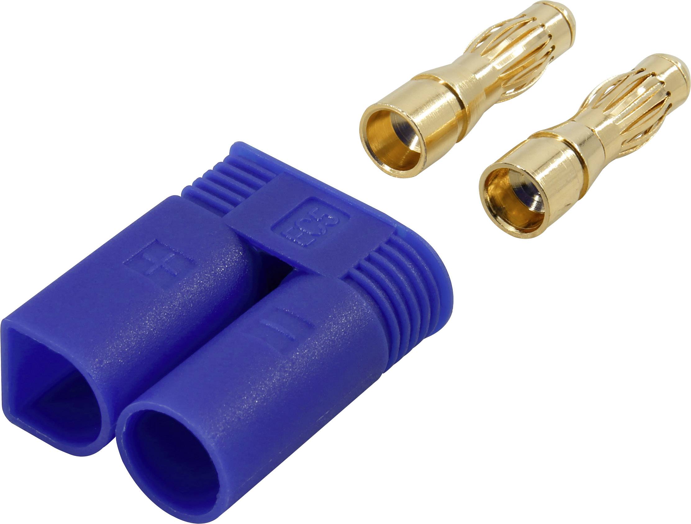 Niebieska obudowa podwójnego złącza oraz dwa złote wtyki bananowe.