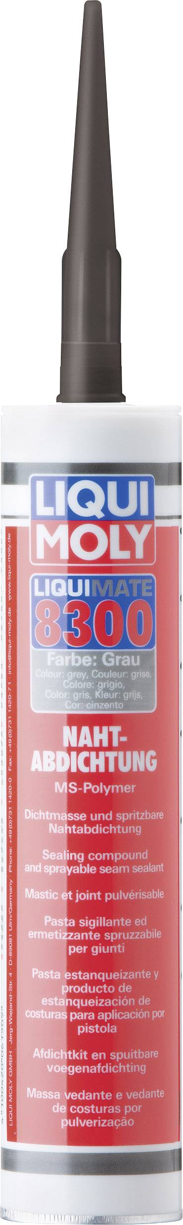 Czerwona kartusza z brązową dyszą, napis 'LIQUI MOLY Liquimate 8300' do uszczelniania za pomocą polimeru MS, 310 ml.