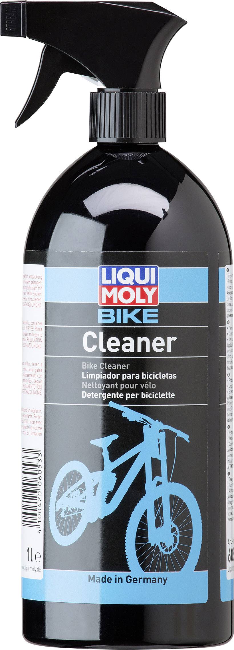 Butelka środka czyszczącego z napisem 'Liqui Moly Bike Cleaner', przeznaczona do czyszczenia rowerów; czarna butelka z niebieską etykietą.